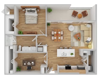 A top-down view of a small apartment with a kitchen, living room, and bedroom.