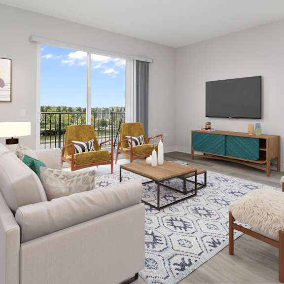 A living room with a couch, chairs, a coffee table, and a television.