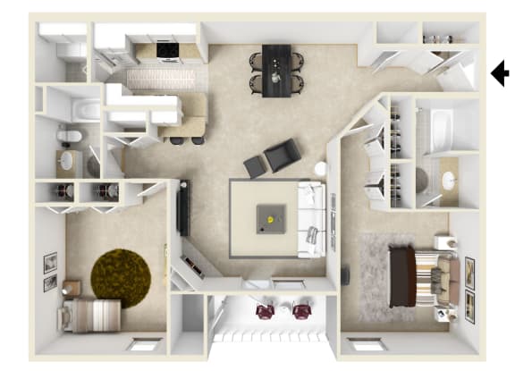 Floor Plan  Two bedroom floor plan for rent | 1,300 Sq. Ft. at Parkwest Apartment Homes in Hattiesburg, MS