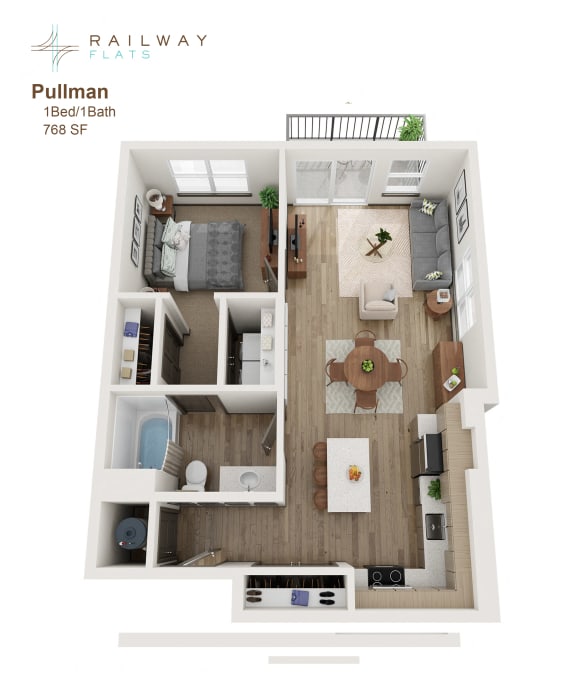 Floor Plan  Pullman Floor Plan - 1 Bed/1 Bath 768 Sq. Ft. at Railway Flats Apartments, Loveland, CO, 80538
