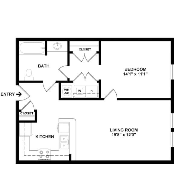 A floor plan of a small apartment with a living room, bedroom, and bathroom.