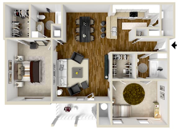 Two Bedroom and Two Bathroom Floor Plan| 1,209 Sq. Ft. at Bridgewater Apartment Homes, Brandon, Mississippi