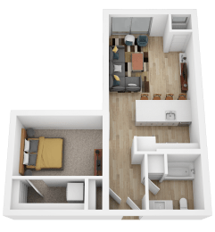 Floor Plan  a stylized rendering of a floor plan with a bedroom and a living room