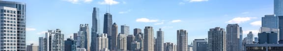 the skyline of the city with tall skyscrapers at Cassidy on Canal, Chicago, IL