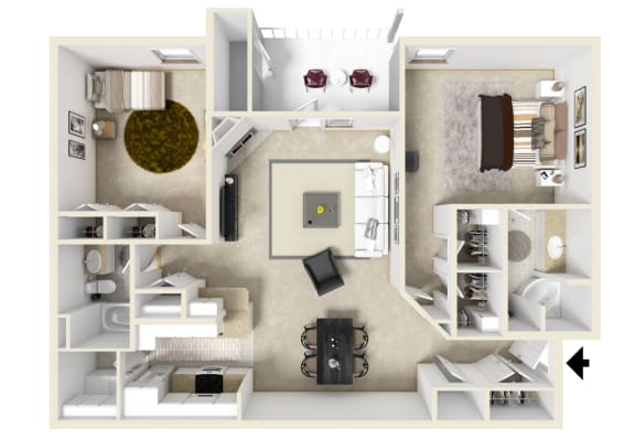 Two bedroom floor plan for rent | 1,376 Sq. Ft. at Parkwest Apartment Homes in Hattiesburg, MS