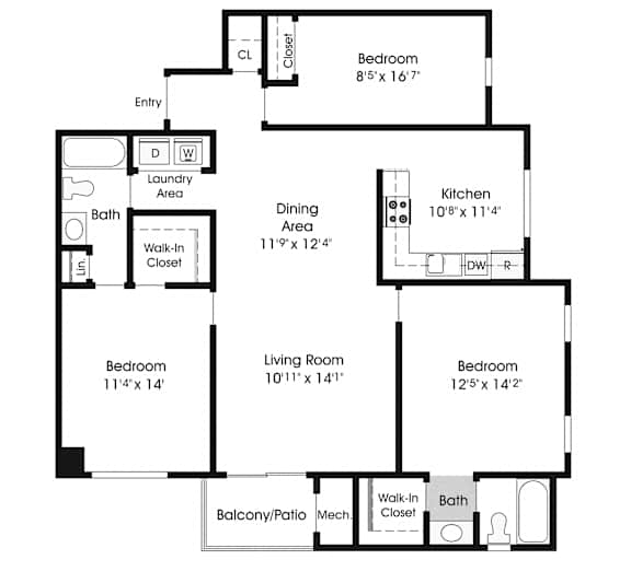 3 Bed 2 Bath Floor Plan at The Apartments at Canterbury, Maryland, 21237