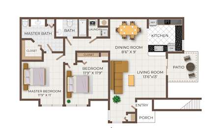 A floor plan of a two bedroom, two bathroom apartment.