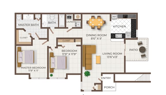 A floor plan of a two bedroom, two bathroom apartment.
