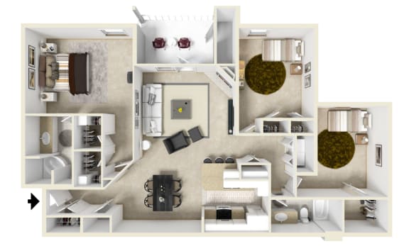 Three bedroom floor plan for rent | 1,566 Sq. Ft. at Parkwest Apartment Homes, Mississippi, 39402