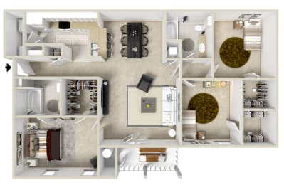 3 bed 2 bath Floor Plan | 1,296 Sq. Ft. at Reserve at Park Place Apartments, Mississippi