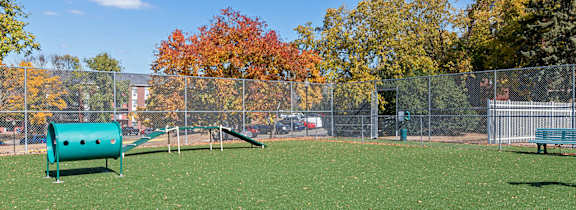 A green artificial turf field with a blue water tank and a white fence.