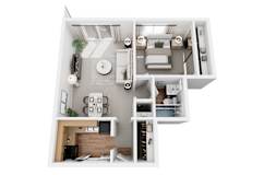 A 3D floor plan of a small apartment with a kitchen, living room, and bathroom.