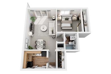 A 3D floor plan of a small apartment with a kitchen, living room, and bathroom.