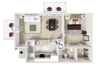 One bedroom floor plan for rent | 750 Sq. Ft. at Laurelwood Apartment Homes in Laurel, MS
