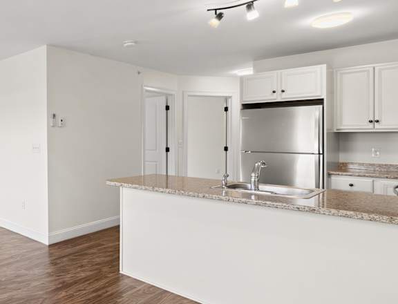 A kitchen area with a counter and cabinets.