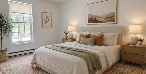 A bedroom with a large bed and a rug on the floor.