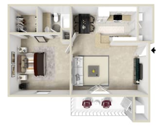 The Bully One bedroom and One bathroom Floor Plan | 812 Sq. Ft. at Crossgates Apartment Homes, Starkville