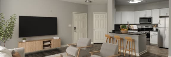 A modern living room with a flat screen TV and a kitchen in the background.