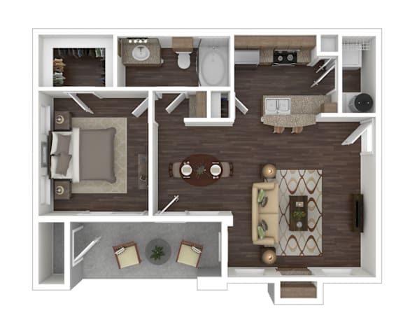 Floor Plan  A top-down view of a living room, kitchen, and dining area.
