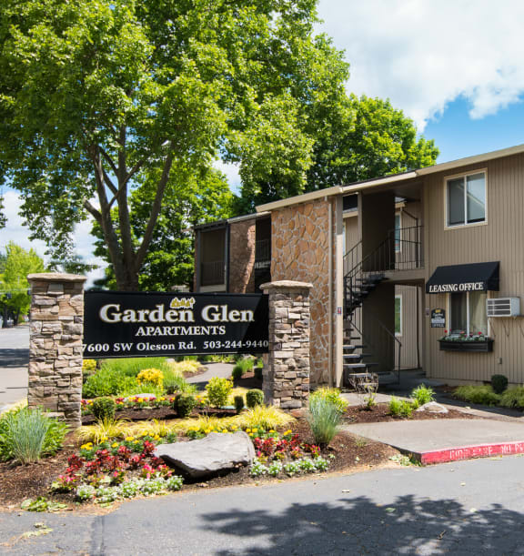 Garden Glen apartments monument sign and leasing office entrance