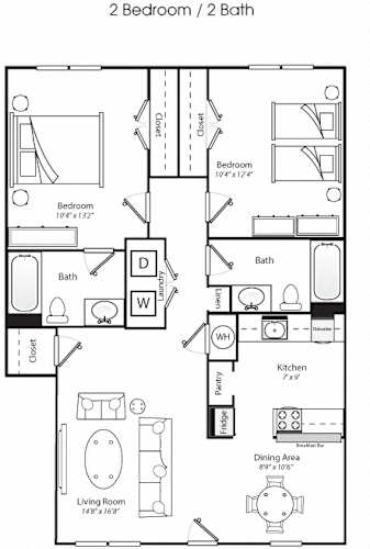 Floor Plan  A floor plan of Turnbridge Apartments showing a 2 bedroom / 2 bath apartment layout.