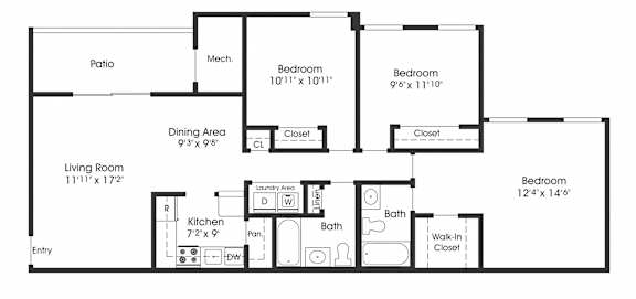 3 Bedroom Floor Plan at The Apartments at Saddle Brooke, Cockeysville, Maryland