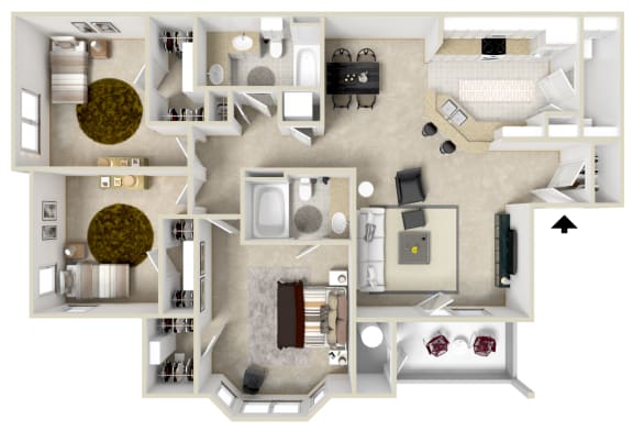 Three bedroom floor plan for rent | 1,396 Sq. Ft. at Charleston Apartment Homes, Mobile, Alabama