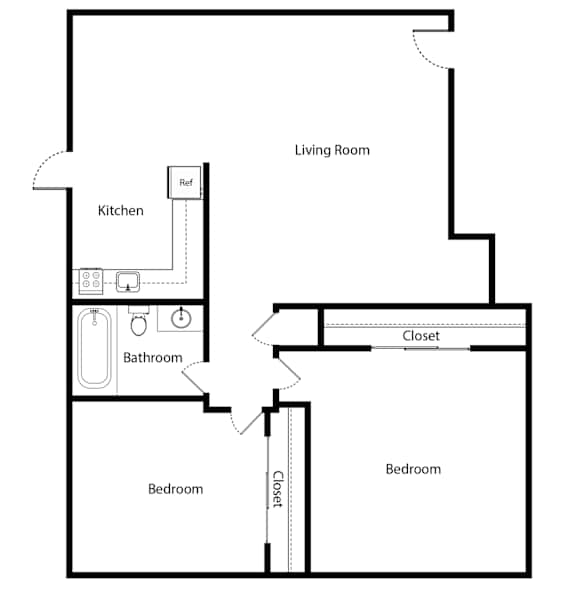 Floor Plan  A floor plan for a 2 Bed 1 Bath - 785 SQ FT apartment.