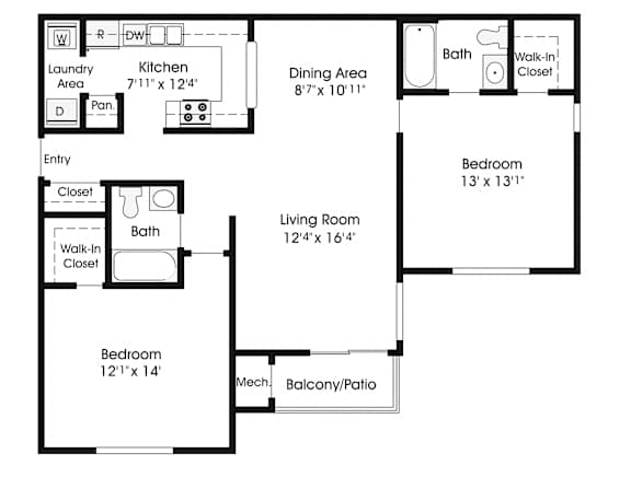 2 Bedroom 2 Bath Floor Plan at The Apartments at Canterbury, Rosedale, MD