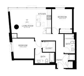 A floor plan of a living space with a kitchen, two bedrooms, a bathroom, and a closet.