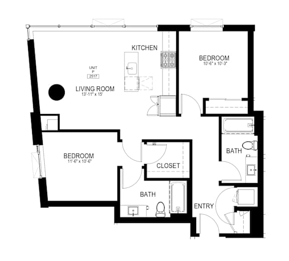 A floor plan of a living space with a kitchen, two bedrooms, a bathroom, and a closet.