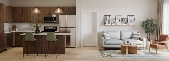 a rendering of a living room and kitchen in an apartment