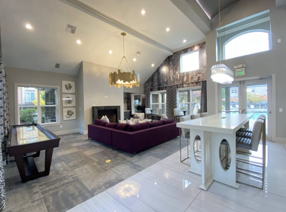 Luxurious Resident Clubhouse with Fireplace and Seating at Apartments in Orenco Station