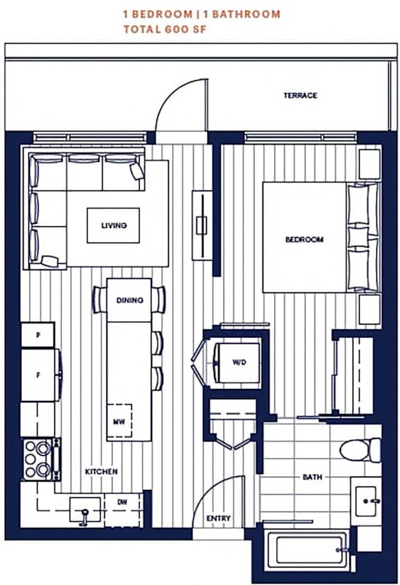 Penthouse 1 bed 1 bath 600sf