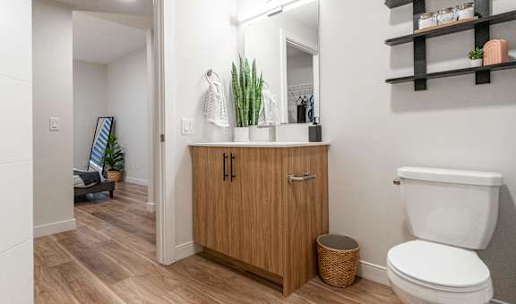 A bathroom with a wooden cabinet, a toilet, and a mirror.