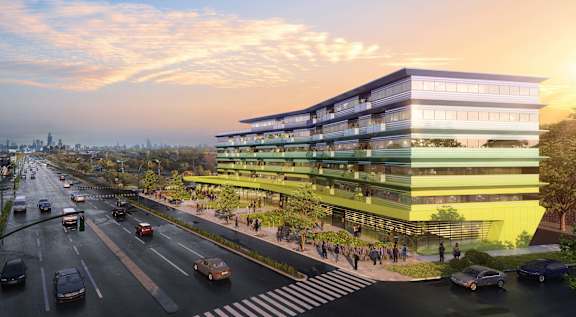 A modern building is depicted in a city scene with the caption "Northwest Corner" and "Design".