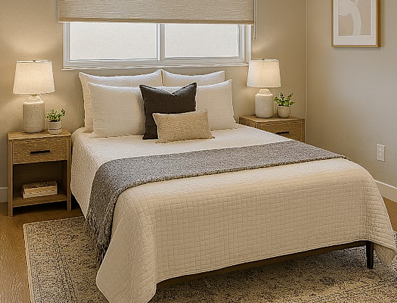 A bedroom with a bed, nightstands, and a ceiling fan.