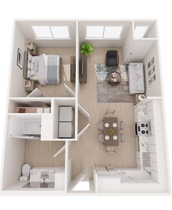A top down view of a small apartment with a kitchen, living room, and bedroom.