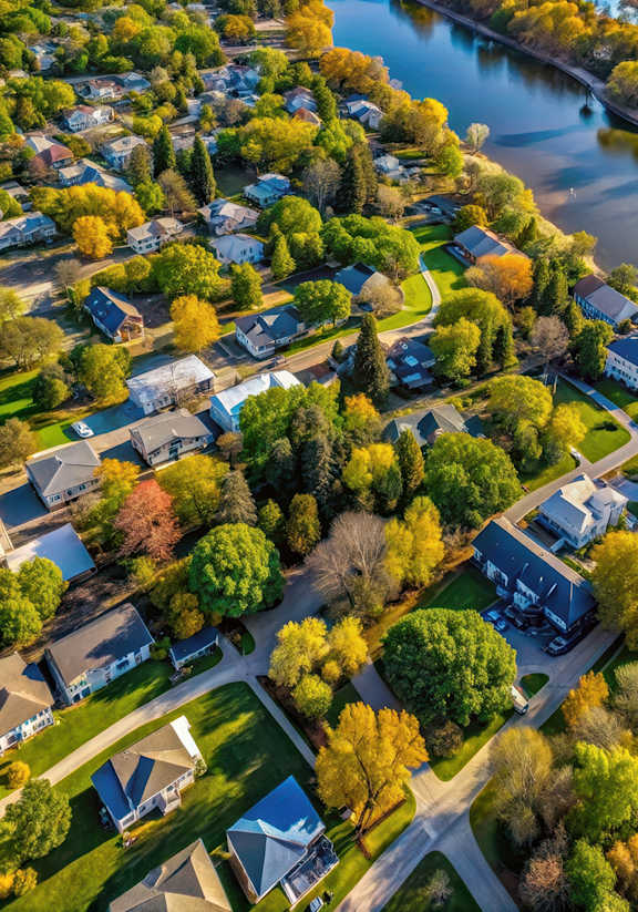 A bird's eye view of a residential area with houses and trees.