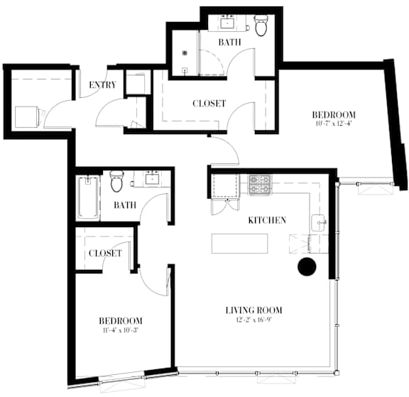 A black and white image of a floor plan for a two bedroom, one bathroom apartment.