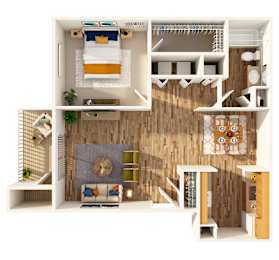 A top-down view of a small apartment with a bedroom, living room, kitchen, and bathroom.