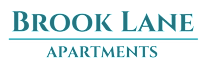 Brook Lane Apartments written in blue on a black background.