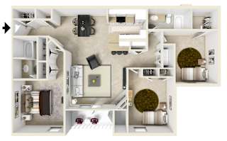 Three bedroom floor plan | 1,490 Sq. Ft. at Parkwest Apartment Homes, Hattiesburg, Mississippi