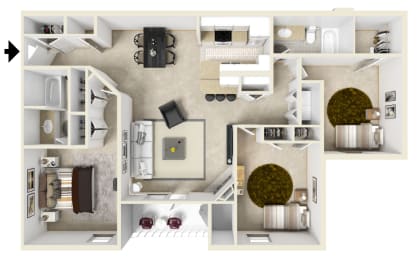 Three bedroom floor plan | 1,490 Sq. Ft. at Parkwest Apartment Homes, Hattiesburg, Mississippi