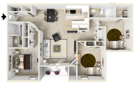 Floor Plan  Three bedroom floor plan | 1,490 Sq. Ft. at Parkwest Apartment Homes, Hattiesburg, Mississippi