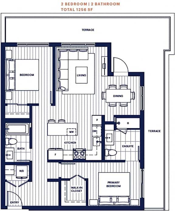 Penthouse 2 bed 2 bath 1256sf