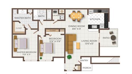 A floor plan of a two bedroom, two bathroom apartment.