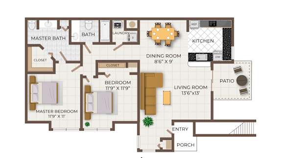 A floor plan of a two bedroom, two bathroom apartment.