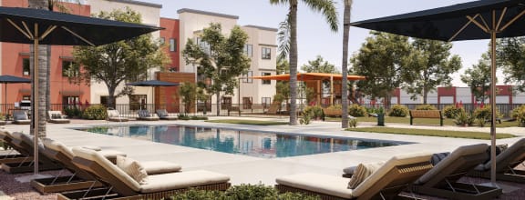 a rendering of a pool with lounge chairs and palm trees