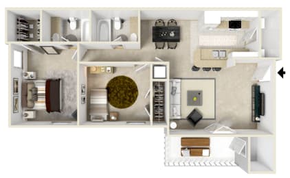 Two bedroom floor plan for rent | 1,107 Sq. Ft.  at Reserve at Gulf Hills Apartment Homes in Ocean Springs, MS